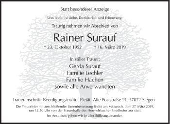 Traueranzeige von Rainer Surauf von Siegener Zeitung