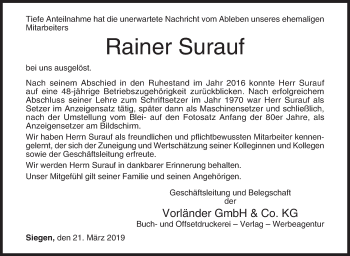 Traueranzeige von Rainer Surauf von Siegener Zeitung