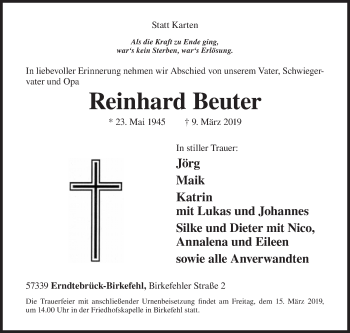 Traueranzeige von Reinhard Beuter von Siegener Zeitung