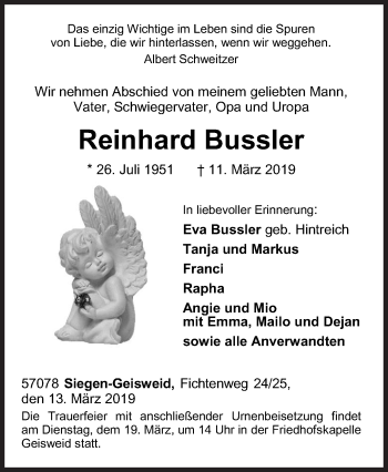 Traueranzeige von Reinhard Bussler von Siegener Zeitung