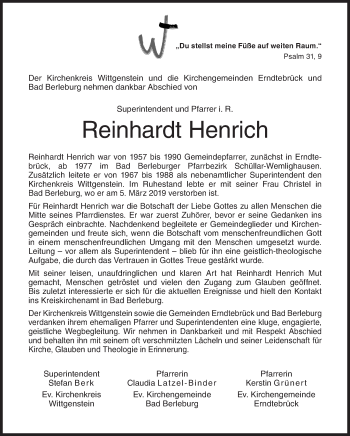 Traueranzeige von Reinhardt Henrich von Siegener Zeitung