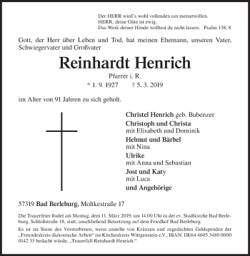 Traueranzeige von Reinhardt Henrich von Siegener Zeitung