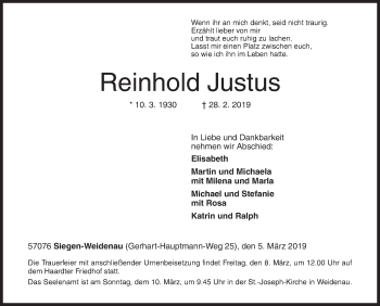 Traueranzeige von Reinhold Justus von Siegener Zeitung