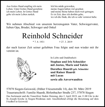 Traueranzeige von Reinhold Schneider von Siegener Zeitung