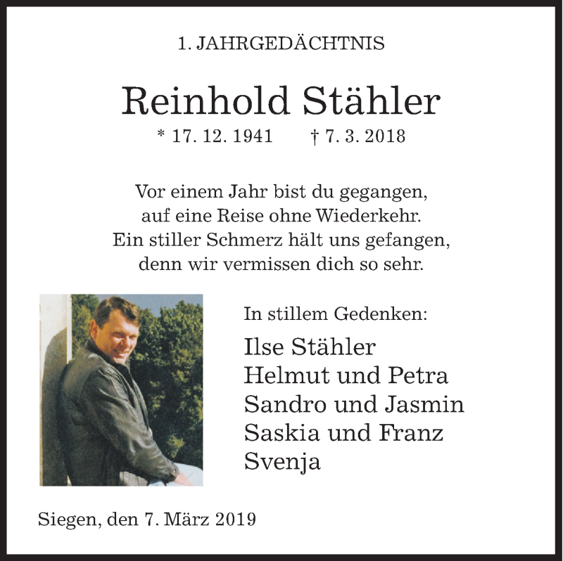  Traueranzeige für Reinhold Stähler vom 07.03.2019 aus Siegener Zeitung