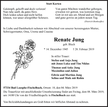 Traueranzeige von Renate Jung von Siegener Zeitung