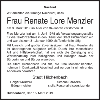 Traueranzeige von Renate Lore Menzler von Siegener Zeitung