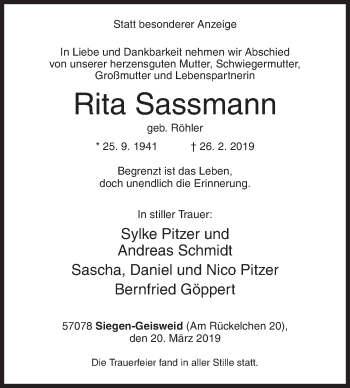 Traueranzeige von Rita Sassmann von Siegener Zeitung