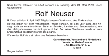 Traueranzeige von Rolf Neuser von Siegener Zeitung