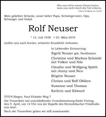 Traueranzeige von Rolf Neuser von Siegener Zeitung