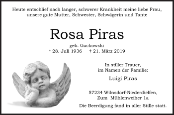 Traueranzeige von Rosa Piras von Siegener Zeitung
