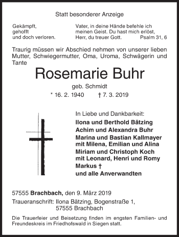 Traueranzeige von Rosemarie Buhr von Siegener Zeitung