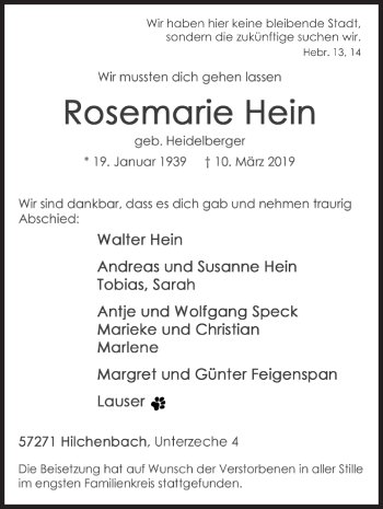 Traueranzeige von Rosemarie Hein von Siegener Zeitung