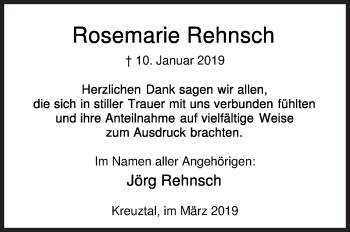 Traueranzeige von Rosemarie Rehnsch von Siegener Zeitung