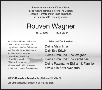 Traueranzeige von Rouven Wagner von Siegener Zeitung