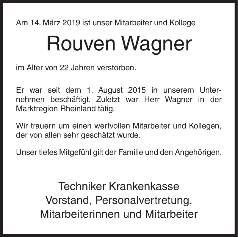  Traueranzeige für Rouven Wagner vom 23.03.2019 aus Siegener Zeitung