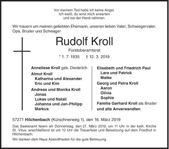 Traueranzeige von Rudolf Kroll von Siegener Zeitung