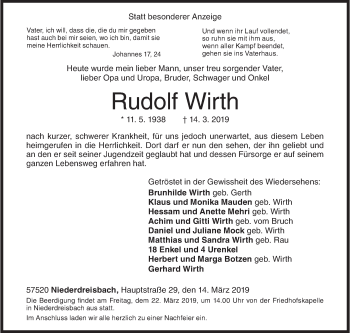 Traueranzeige von Rudolf Wirth von Siegener Zeitung