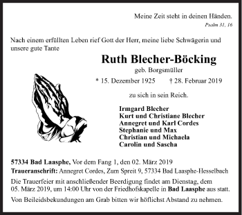 Traueranzeige von Ruth Blecher-Böcking von Siegener Zeitung