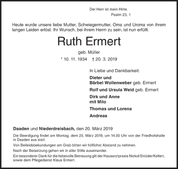 Traueranzeige von Ruth Ermert von Siegener Zeitung