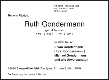 Traueranzeige von Ruth Gondermann von Siegener Zeitung