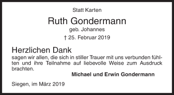 Traueranzeige von Ruth Gondermann von Siegener Zeitung
