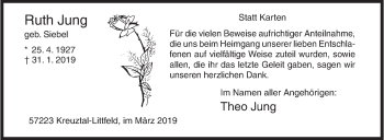 Traueranzeige von Ruth Jung von Siegener Zeitung