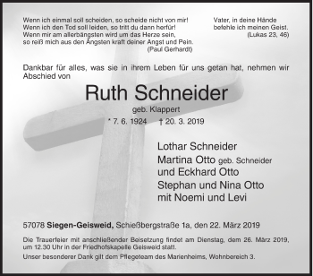 Traueranzeige von Ruth Schneider von Siegener Zeitung