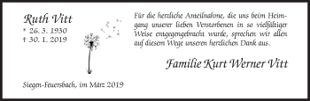 Traueranzeige von Ruth Vitt von Siegener Zeitung