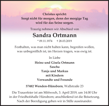Traueranzeige von Sandra Ortmann von Siegener Zeitung