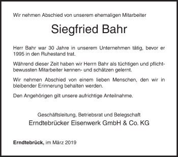 Traueranzeige von Siegfried Bahr von Siegener Zeitung