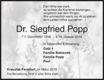 Traueranzeige von Siegfried Popp von Siegener Zeitung