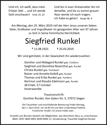 Traueranzeige von Siegfried Runkel von Siegener Zeitung