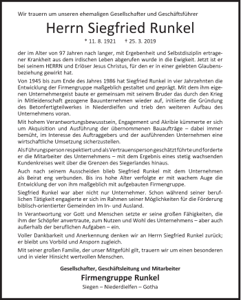 Traueranzeige von Siegfried Runkel von Siegener Zeitung