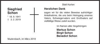 Traueranzeige von Siegfried Schon von Siegener Zeitung