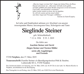 Traueranzeige von Sieglinde Steiner von Siegener Zeitung
