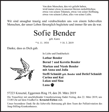 Traueranzeige von Sofie Bender von Siegener Zeitung