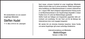 Traueranzeige von Steffen Hudel von Siegener Zeitung