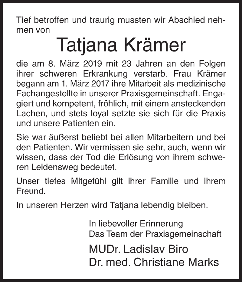  Traueranzeige für Tatjana Krämer vom 16.03.2019 aus Siegener Zeitung