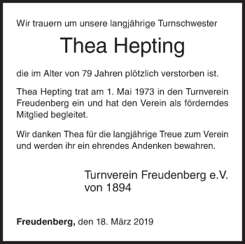 Traueranzeige von Thea Hepting von Siegener Zeitung