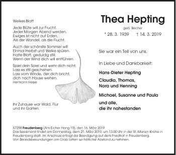 Traueranzeige von Thea Hepting von Siegener Zeitung