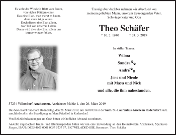 Traueranzeige von Theo Schäfer von Siegener Zeitung