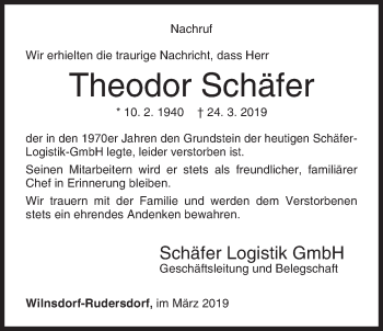 Traueranzeige von Theodor Schäfer von Siegener Zeitung