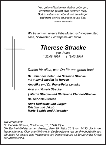 Traueranzeige von Therese Stracke von Siegener Zeitung