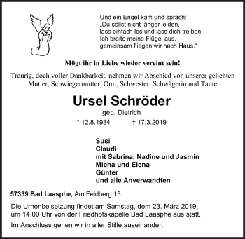 Traueranzeige von Ursel Schröder von Siegener Zeitung