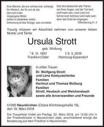 Traueranzeige von Ursula Strott von Siegener Zeitung