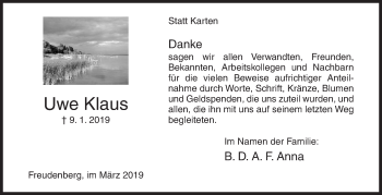 Traueranzeige von Uwe Klaus von Siegener Zeitung