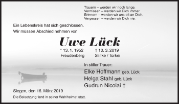 Traueranzeige von Uwe Lück von Siegener Zeitung