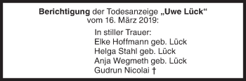 Traueranzeige von Uwe Lück von Siegener Zeitung