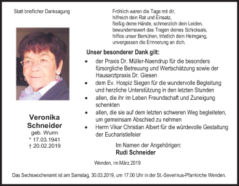 Traueranzeige von Veronika Schneider von Siegener Zeitung